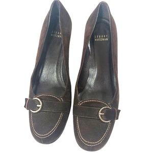 Stuart Weitzman Brown Buckled Suede Pumps
